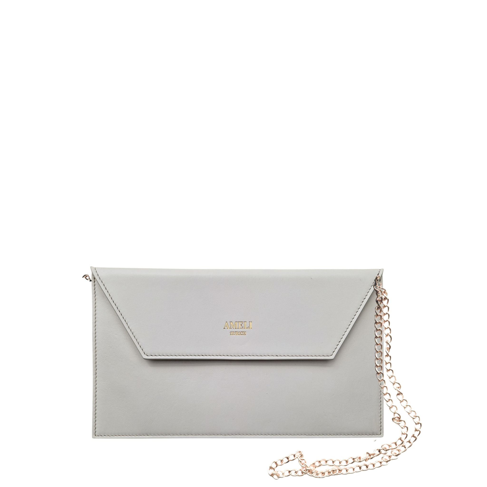 AMELI Zurich | Clutch | White | Smooth Leather | Front with gold chain