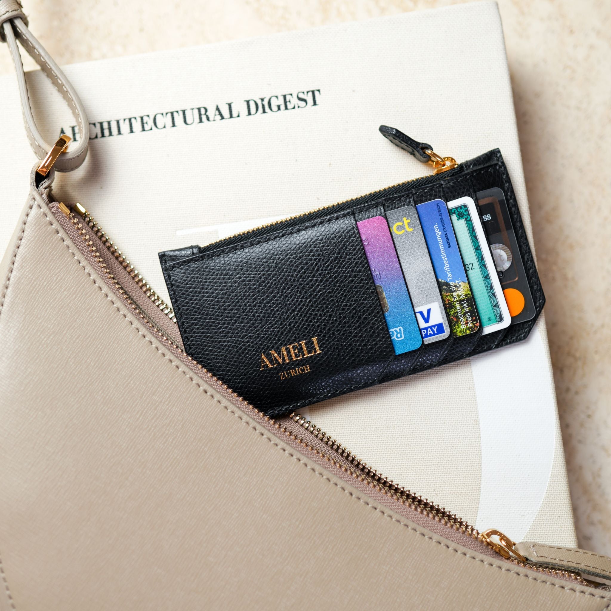 AMELI Zurich | Card holder | Black | Pebbled Leather | Front