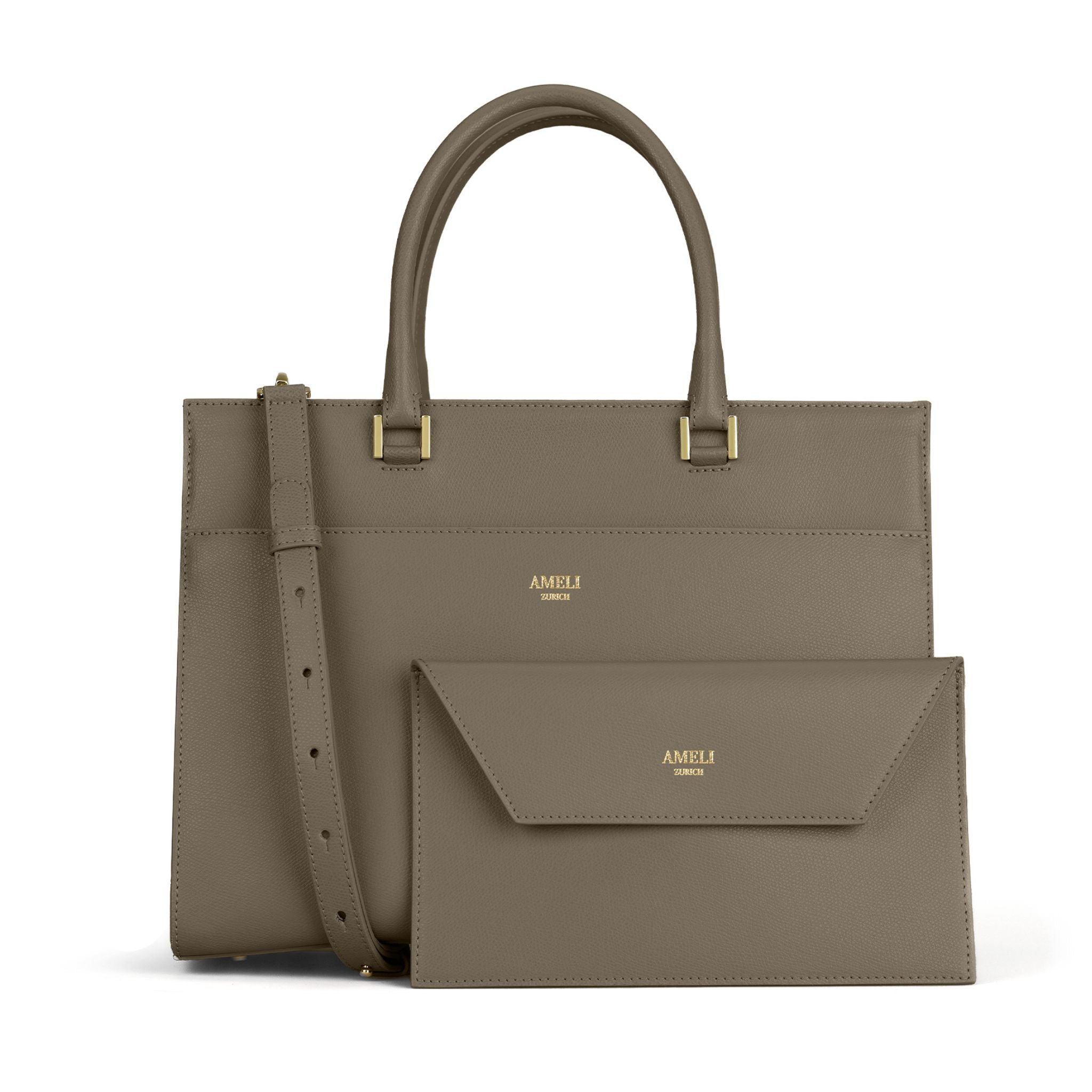 AMELI Zurich | CENTRAL | Greige | Pebbled Leather | Laptop bag + Clutch
