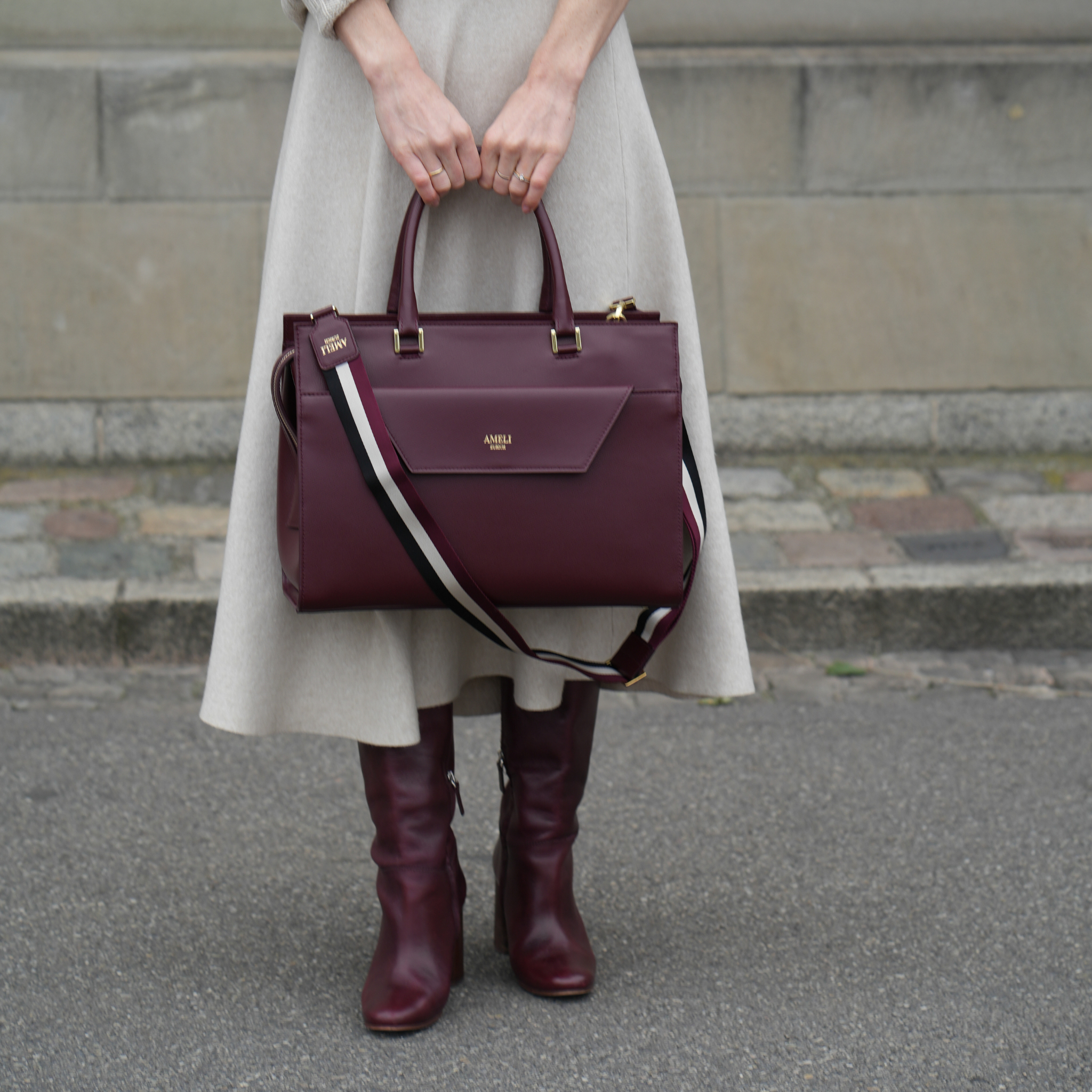 AMELI Zurich | ADJUSTABLE STRAP | Merlot Red, Creme, Black | Pebbled Leather | With CENTRAL