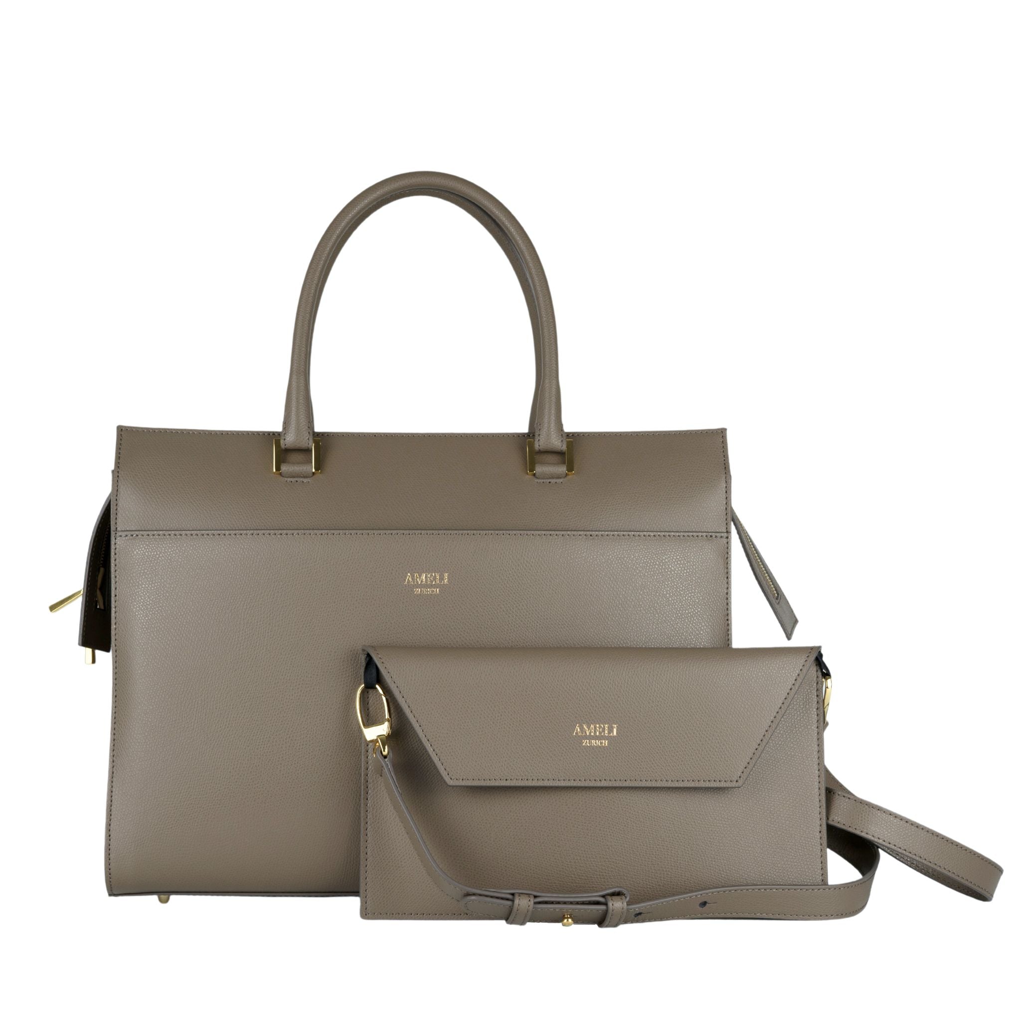 AMELI Zurich | CENTRAL | Greige | Pebbled Leather | Front + Clutch